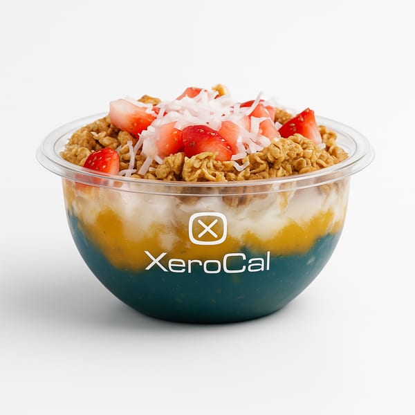 Xerocal acai bowl with blue, yellow, and white layers, topped with granola, strawberries, and coconut flakes.