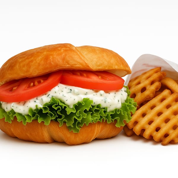 A sandwich with lettuce, tomato, and white sauce next to a bag of waffle fries.